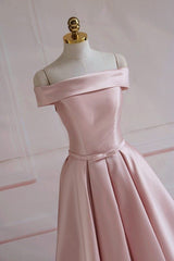 Modest Pink Satin Off The Shoulder Long Bridesmaid Dress Prom Dresses P2414