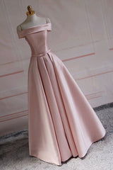 Modest Pink Satin Off The Shoulder Long Bridesmaid Dress Prom Dresses P2414