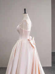Light Pink Satin Spaghetti Strap Long Prom Dress, Beautiful Evening Dress with Bow P2415