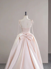 Light Pink Satin Spaghetti Strap Long Prom Dress, Beautiful Evening Dress with Bow P2415