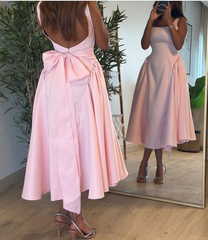 Cute A line Straps Pink Satin Tea Length Prom Dress With Bow P2416