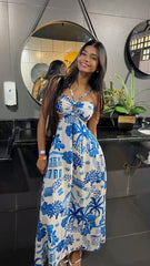 Cute A line Halter Royal Blue Tea Length Prom Dresses Summer Birthday Dress P2420