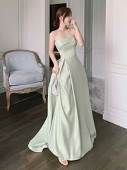 Cute A line Strapless Long Length Mint Green Prom Dresses Satin Birthday Dress P2421