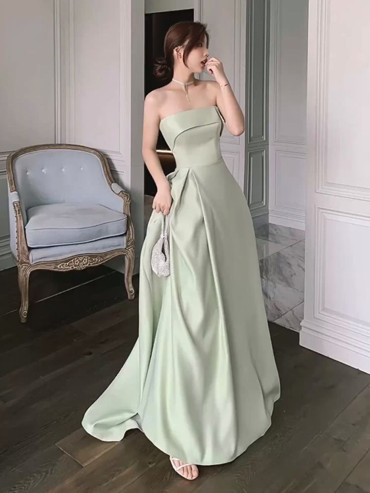 Cute A line Strapless Long Length Mint Green Prom Dresses Satin Birthday Dress P2421