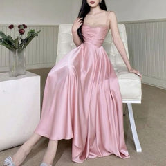 Pretty A line Spaghetti Straps Pink Satin Prom Dresses Birthday Outfits With Beads P2428