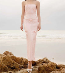 Sexy Sheath Strapless Pink Satin Long Prom Dress Birthday Outfits With Bowknot P2430