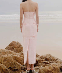 Sexy Sheath Strapless Pink Satin Long Prom Dress Birthday Outfits With Bowknot P2430