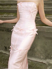 Sexy Sheath Strapless Pink Satin Long Prom Dress Birthday Outfits With Bowknot P2430