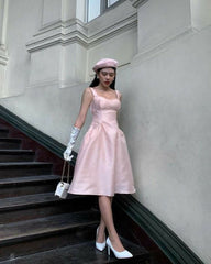 Modest A line Straps Pink Knee Length Satin Prom Dresses Birthday Outfits P2432