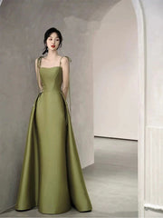 Simple A line Olive Green Long Satin Prom Dresses With Ruffles P2435