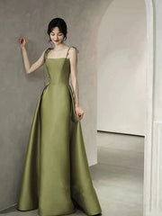 Simple A line Olive Green Long Satin Prom Dresses With Ruffles P2435