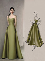 Simple A line Olive Green Long Satin Prom Dresses With Ruffles P2435