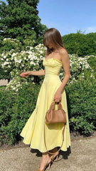 Modest A line Sweetheart Yellow Chiffon Slit Prom Dresses Birthday Outfits P2436