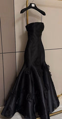 Pretty Mermaid Strapless Black Long Satin Prom Dresses With Flowers P2438