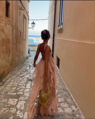 Sexy High Low Sweetheart Pink Chiffon Long Prom Dress Birthday Outfits With Ruffles P2439