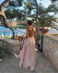 Sexy High Low Sweetheart Pink Chiffon Long Prom Dress Birthday Outfits With Ruffles P2439