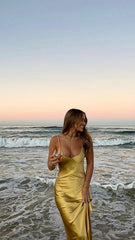 Simple Sheath Spaghetti Straps Yellow Satin Long Prom Dress Birthday Outfits P2440