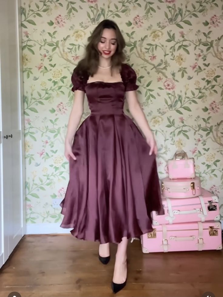 Simple A line Square Neckline Short Sleeves Satin Prom Dresses Birthday Outfits P2442