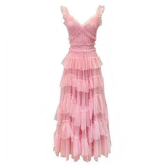 Pretty A Line V Neckline Tulle Ruffles Long Prom Dresses Party Evening Dress P2451