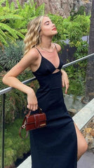 Vintage Sheath Spaghetti Straps Black Long Prom Dresses Party Evening Dress P2455