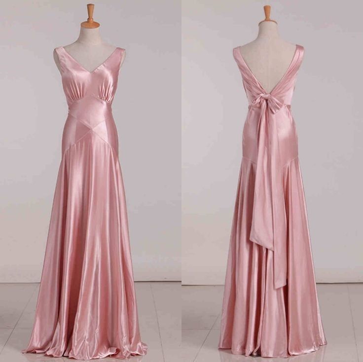 Vintage Mermaid V Neckline Pink Satin Long Prom Dresses Party Evening Dress P2456