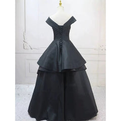 Pretty Ball Gown Off The Shoulder Black Satin Prom Dresses Evening Dress P2460
