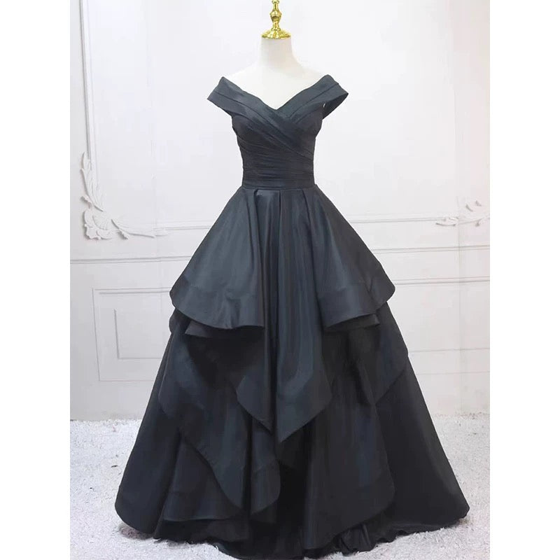 Pretty Ball Gown Off The Shoulder Black Satin Prom Dresses Evening Dress P2460