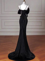 Sexy Mermaid Spaghetti Straps Black Long Formal Dress Satin Prom Dress P2461