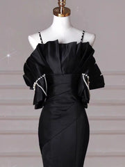 Sexy Mermaid Spaghetti Straps Black Long Formal Dress Satin Prom Dress P2461