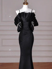 Sexy Mermaid Spaghetti Straps Black Long Formal Dress Satin Prom Dress P2461