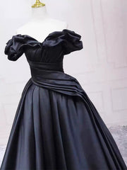 Pretty Ball Gown Off The Shoulder Black Satin Prom Dresses Evening Dress With Pleated P2462