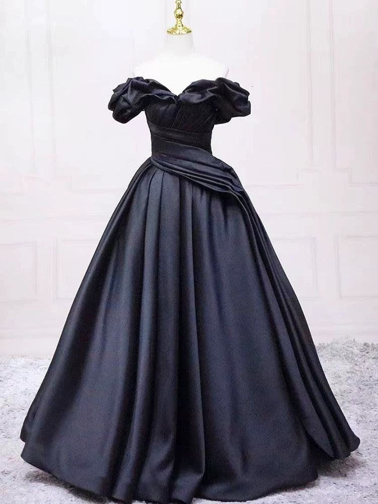 Pretty Ball Gown Off The Shoulder Black Satin Prom Dresses Evening Dress With Pleated P2462