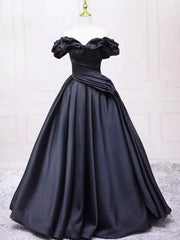 Pretty Ball Gown Off The Shoulder Black Satin Prom Dresses Evening Dress With Pleated P2462