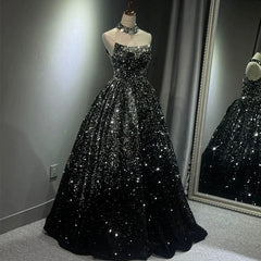 Pretty Ball Gown Strapless Black Sequin Prom Dresses Evening Dress P2463