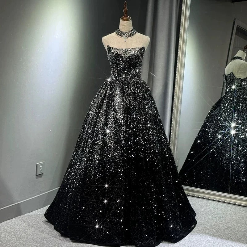 Pretty Ball Gown Strapless Black Sequin Prom Dresses Evening Dress P2463