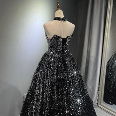 Pretty Ball Gown Strapless Black Sequin Prom Dresses Evening Dress P2463