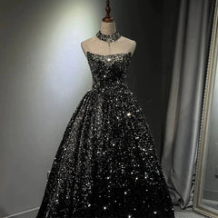 Pretty Ball Gown Strapless Black Sequin Prom Dresses Evening Dress P2463