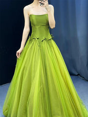 Pretty Ball Gown Strapless Bud Green Tulle Prom Dresses Evening Dress P2464