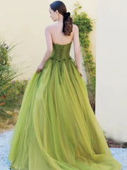 Pretty Ball Gown Strapless Bud Green Tulle Prom Dresses Evening Dress P2464