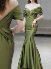 Sexy Mermaid Off The Shoulder Olive Green Satin Long Formal Dress Prom Dresses P2465