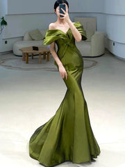 Sexy Mermaid Off The Shoulder Olive Green Satin Long Formal Dress Prom Dresses P2465