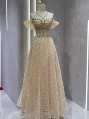 Vintage A Line Straps Champagne Tulle Long Prom Dresses Party Evening Dress P2466