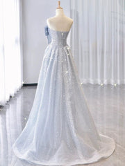 Vintage A Line Strapless Light Sky Blue Tulle Long Prom Dresses Party Evening Dress P2467