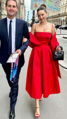 Simple A line Spaghetti Straps Red Satin Evening Party Dress Prom Dresses P2471