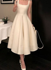Vintage A-Line Square Neckline Satin Prom Dress Long Formal Dresses P2473