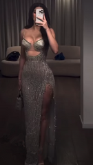 Vintage Sheath Spaghetti Straps Silver Beads Slit Long Prom Dress Formal Dresses P2480