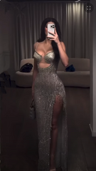 Vintage Sheath Spaghetti Straps Silver Beads Slit Long Prom Dress Formal Dresses P2480