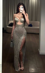 Vintage Sheath Spaghetti Straps Silver Beads Slit Long Prom Dress Formal Dresses P2480