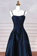 A-line Navy Blue Satin Straps Long Formal Dress Navy Blue Prom Dress P2490