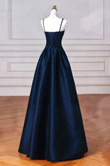A-line Navy Blue Satin Straps Long Formal Dress Navy Blue Prom Dress P2490